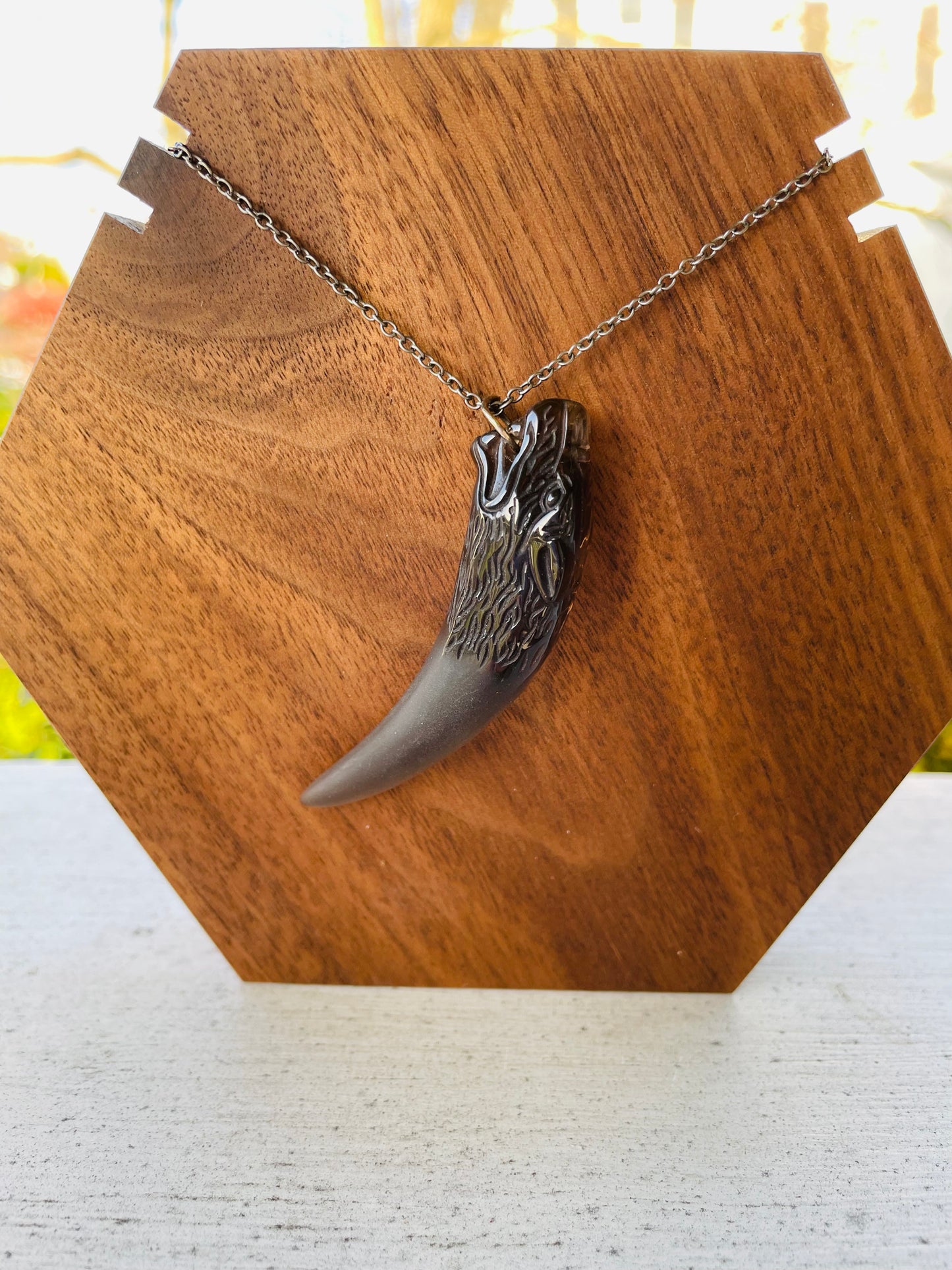 UNISEX: Carved Wolf Smoky Quartz Tooth Necklace