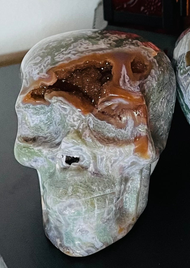 Red Druzy Moss Agate Skull