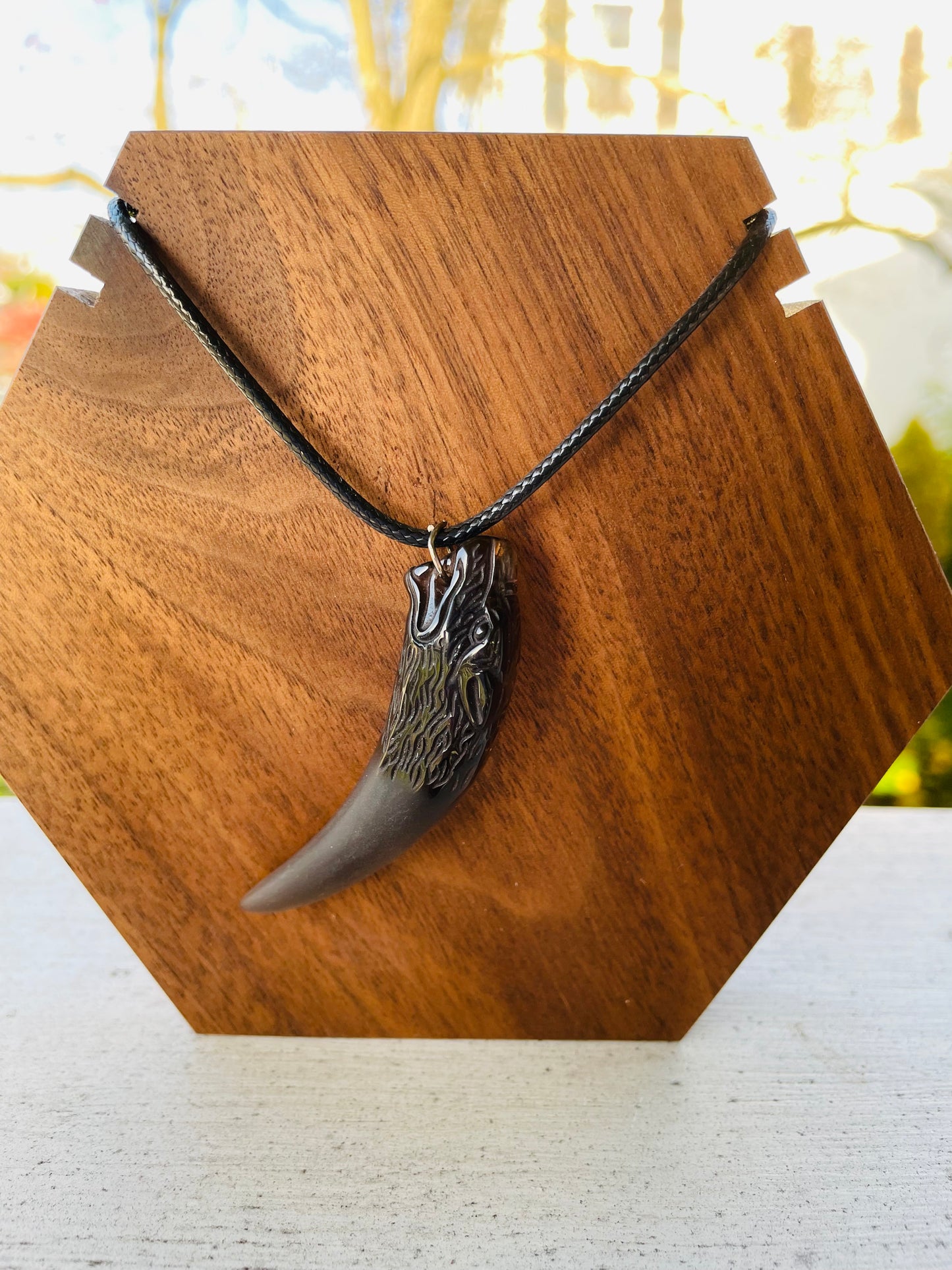 UNISEX: Carved Wolf Smoky Quartz Tooth Necklace