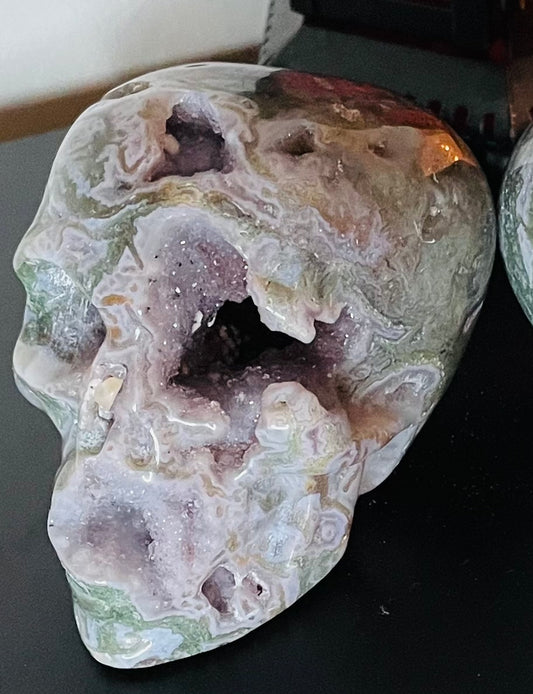 Purple Druzy Moss Agate Skull