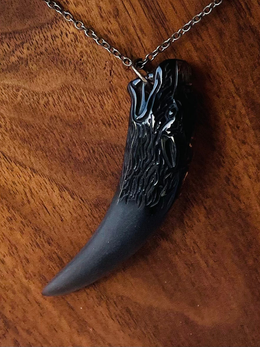 UNISEX: Carved Wolf Smoky Quartz Tooth Necklace