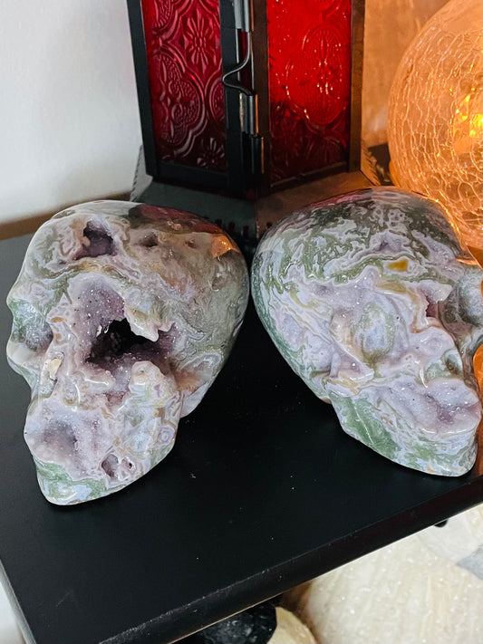 Purple Druzy Moss Agate Skull