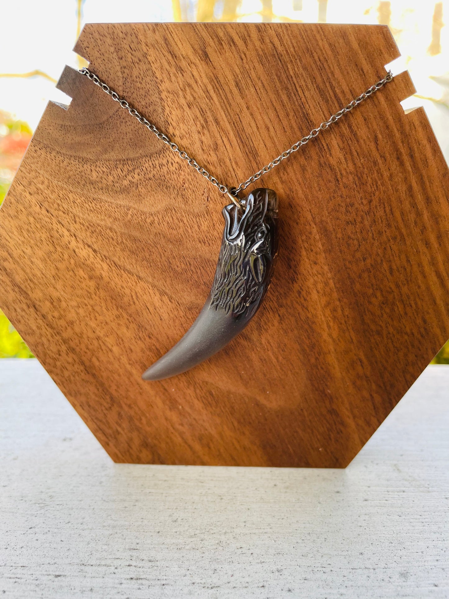 UNISEX: Carved Wolf Smoky Quartz Tooth Necklace